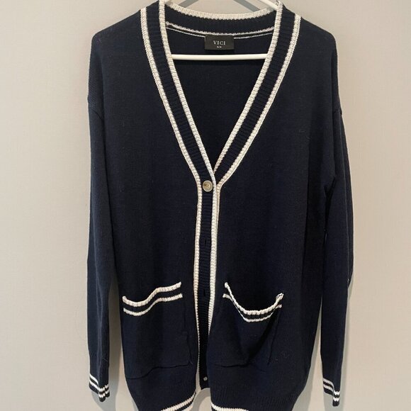 VICI Navy Cardigan Sweater White Stripe Nautical Coastal Grandmother - Picture 3 of 4